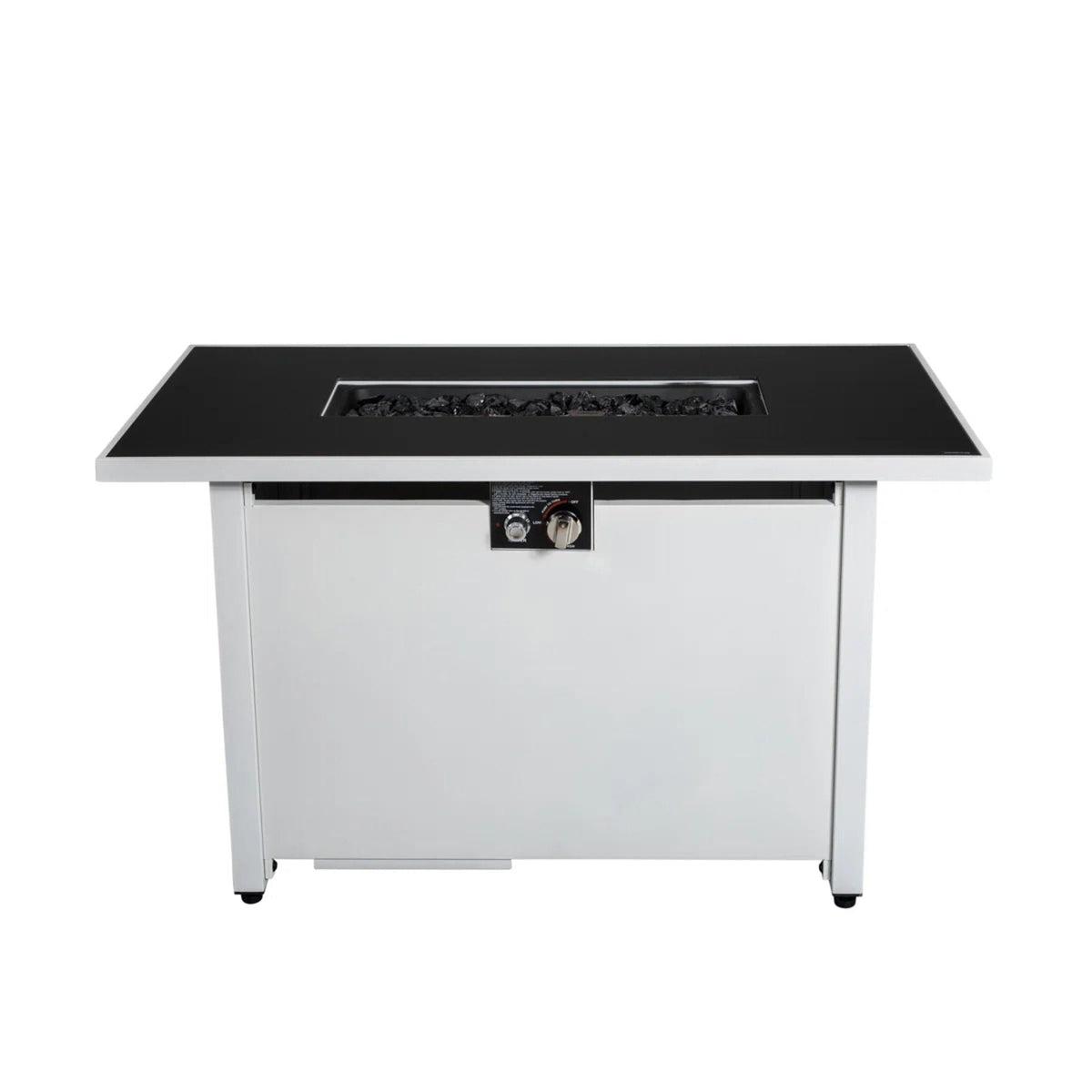 Rectangular Fire Pit by HouseOfZazla with black glass top and silver frame, lava rock insert on Tampa Home & Garden Store