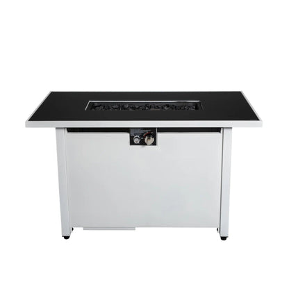 Rectangular Fire Pit by HouseOfZazla with black glass top and silver frame, lava rock insert on Tampa Home & Garden Store