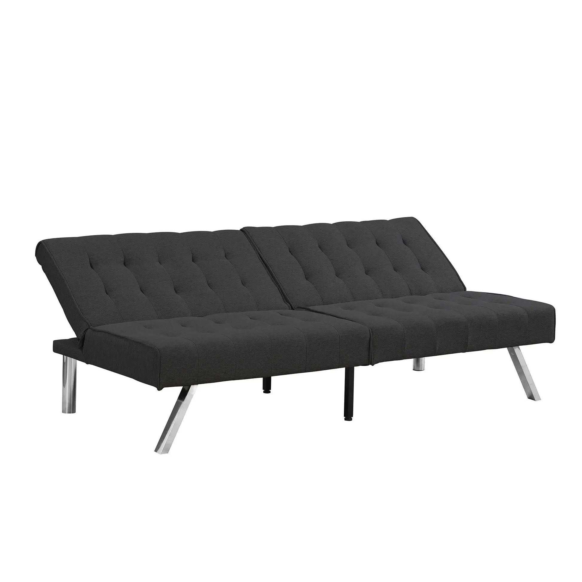 Futon Sofa Bed in dark gray fabric with tufted cushions and metal legs on Tampa Home & Garden Store
