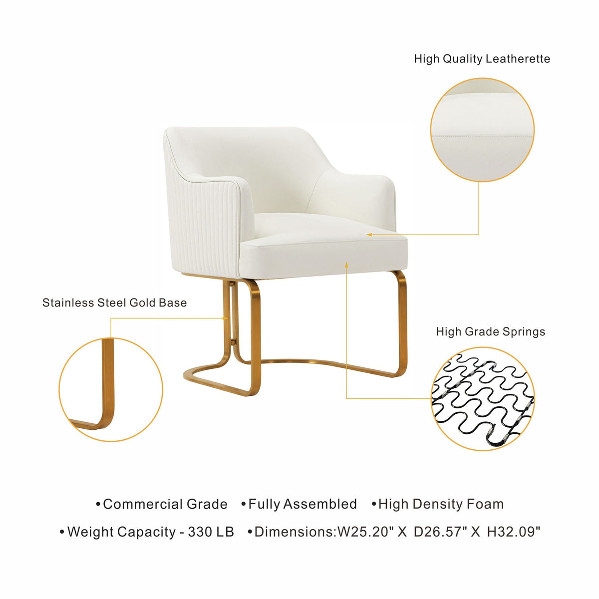 White leatherette dining arm chair with gold stainless steel base, HouseOfZazla on Tampa Home & Garden Store