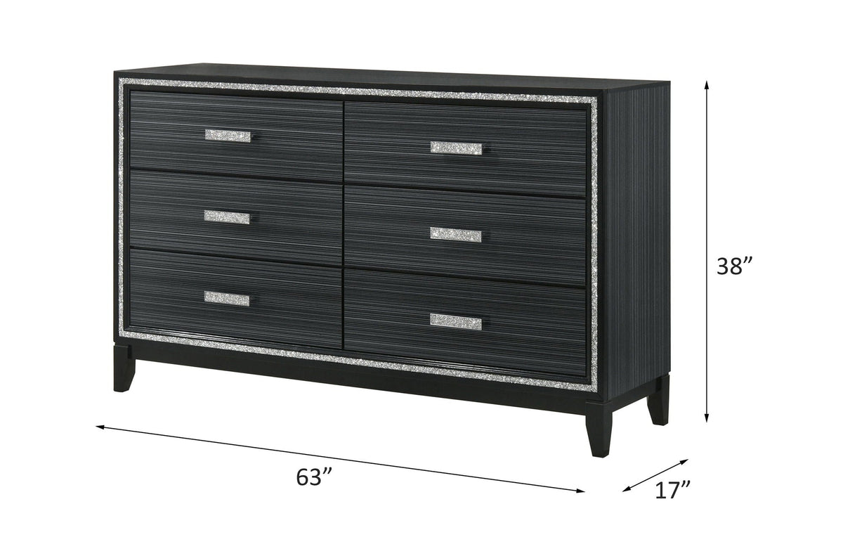 Haiden dresser by HouseOfZazla, black textured 6-drawer unit with glitter trim on Tampa Home & Garden Store