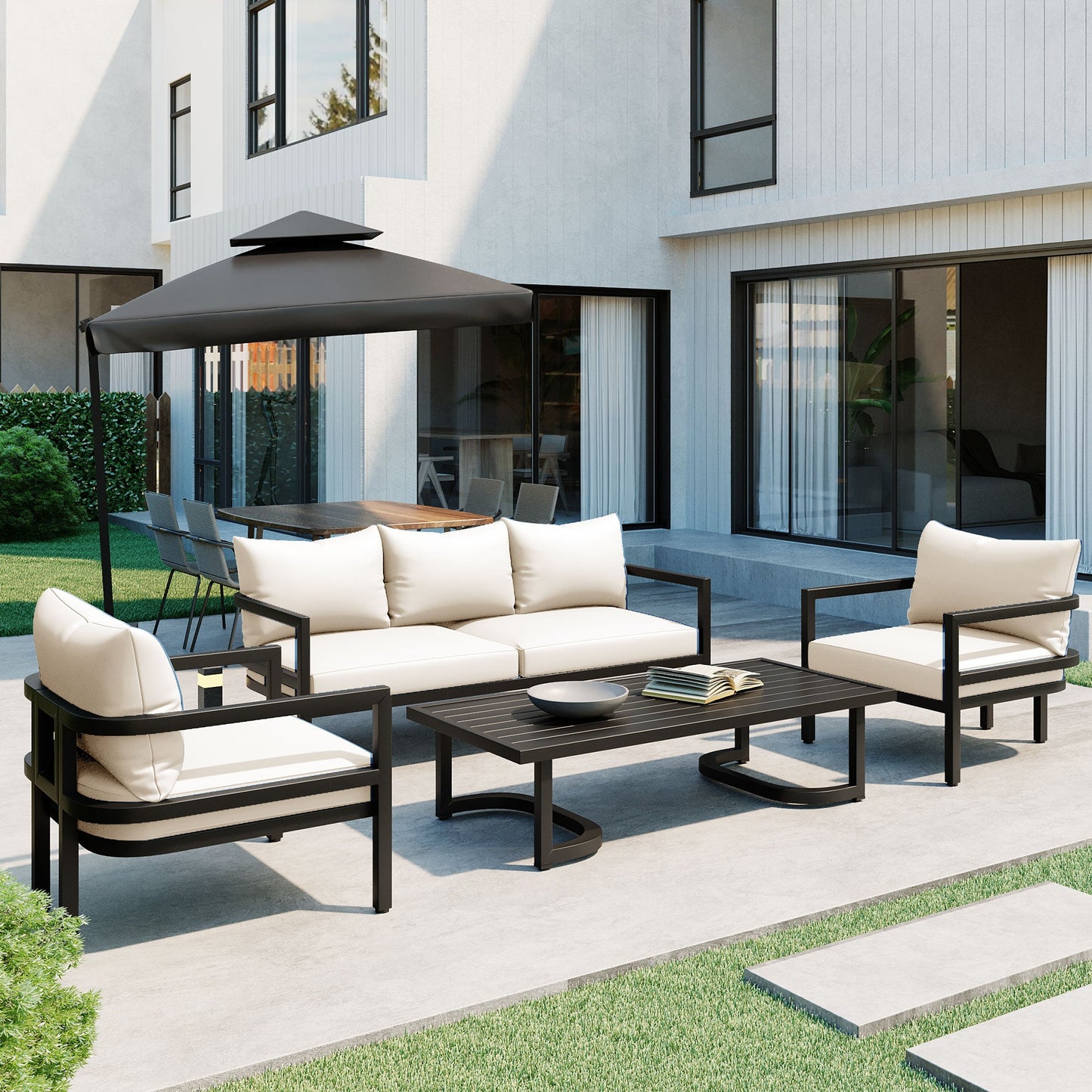 U_Style outdoor steel sofa set with coffee table, black frames, beige cushions on Tampa Home & Garden Store