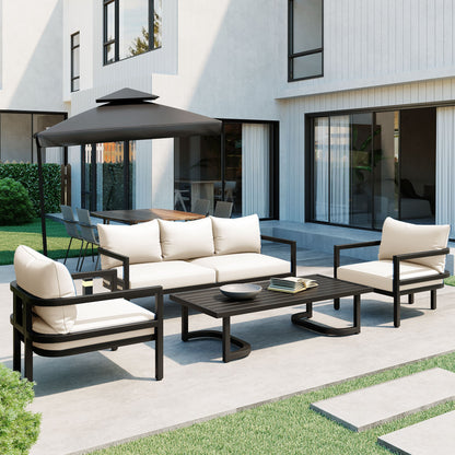 U_Style outdoor steel sofa set with coffee table, black frames, beige cushions on Tampa Home & Garden Store