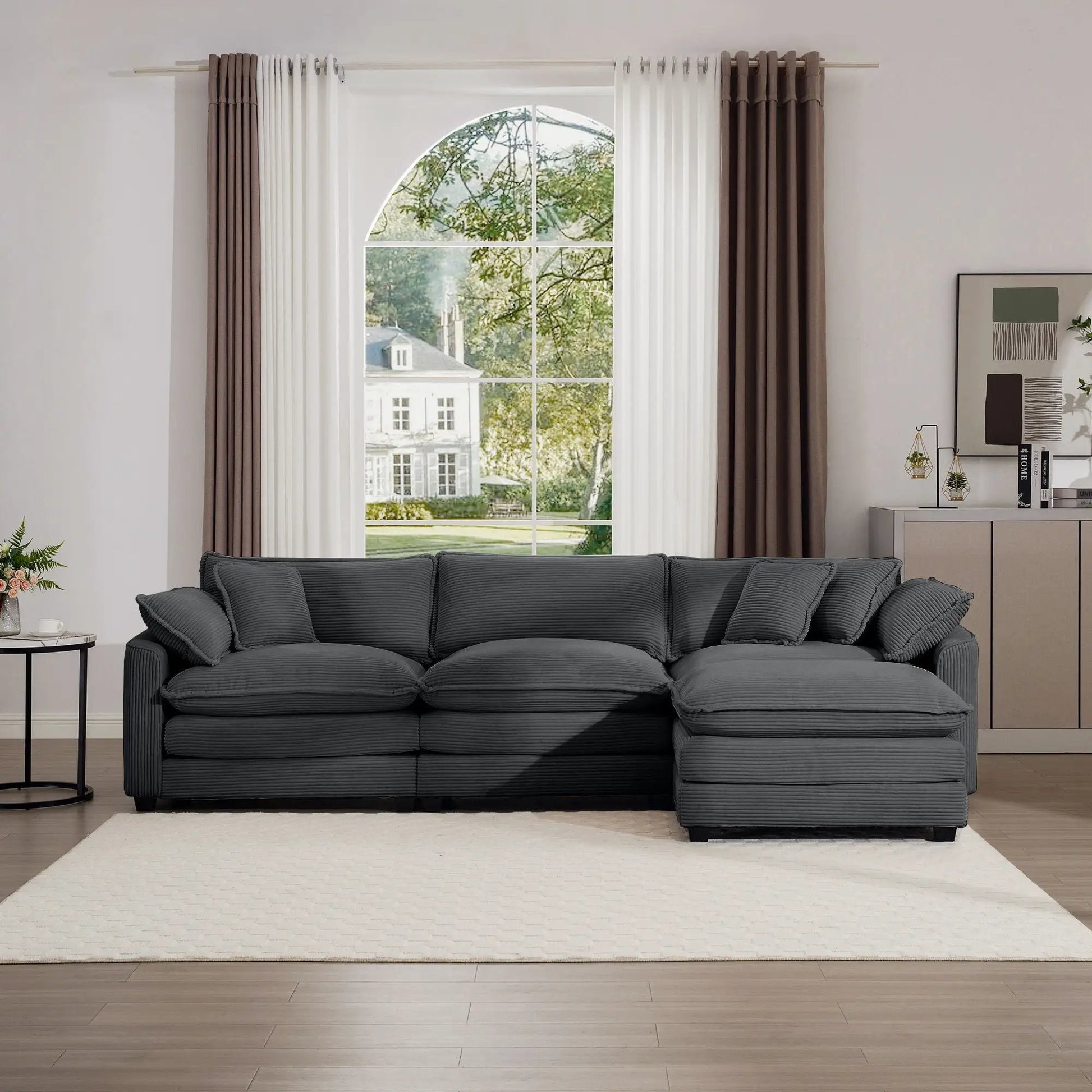 3-piece modular sofa set with ottoman in dark gray upholstery, low back, deep seating on Tampa Home & Garden Store