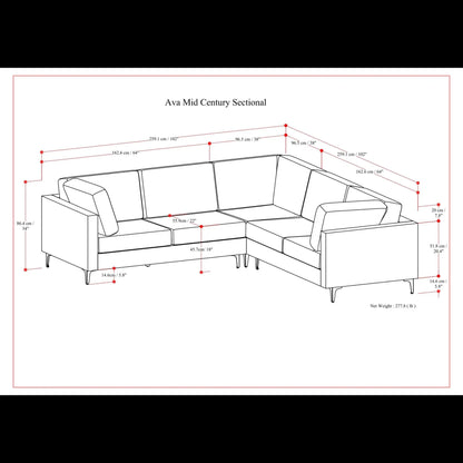 Ava Mid Century Corner Sectional line drawing with dimensions by Unique Piece Furniture on Tampa Home & Garden Store
