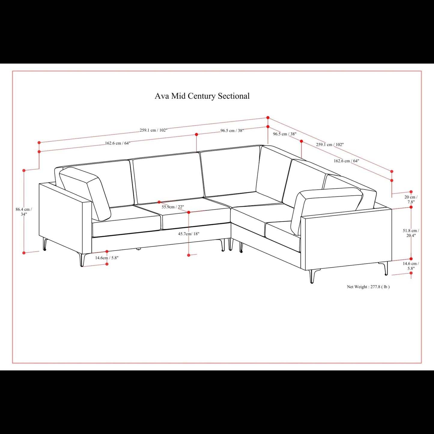 AVA Mid Century Corner Sectional Sofa line drawing with dimension arrows by HouseOfZazla on Tampa Home & Garden Store