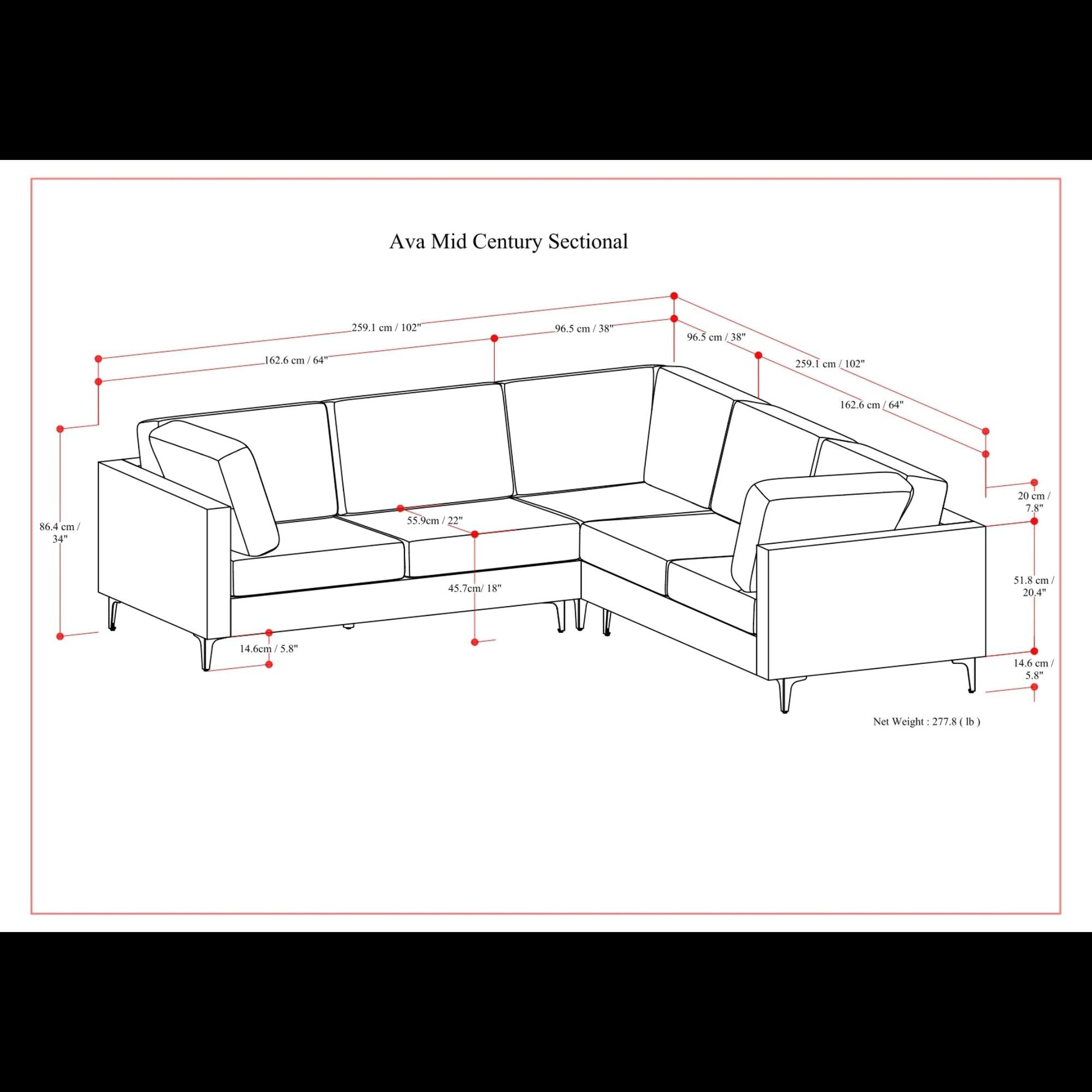 AVA Mid Century Corner Sectional Sofa line drawing with dimension arrows by HouseOfZazla on Tampa Home & Garden Store