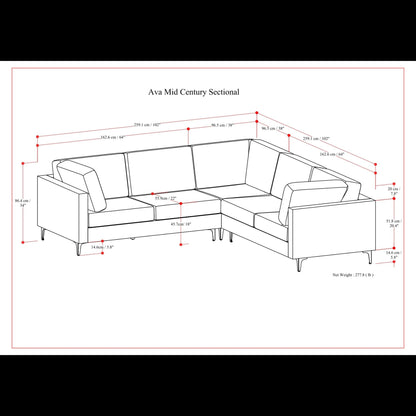 AVA Mid Century Corner Sectional Sofa line drawing with dimension arrows by HouseOfZazla on Tampa Home & Garden Store