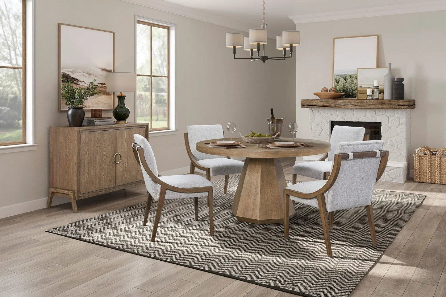 Elegant Round Dining Table with a wooden pedestal base in a modern dining room on Tampa Home & Garden Store