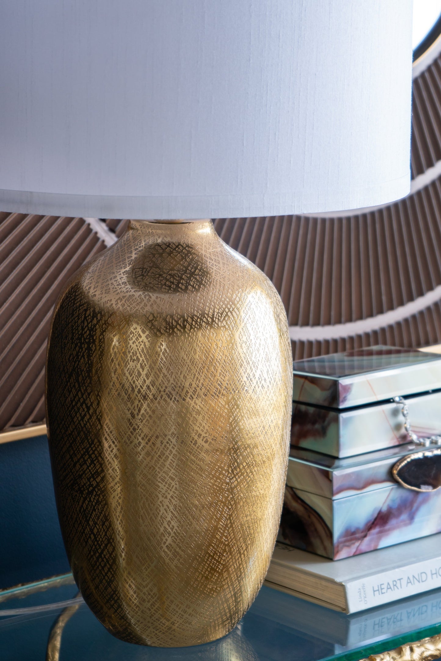 D18x31in round gold aluminum table lamp with white fabric shade by HouseOfZazla on Tampa Home & Garden Store