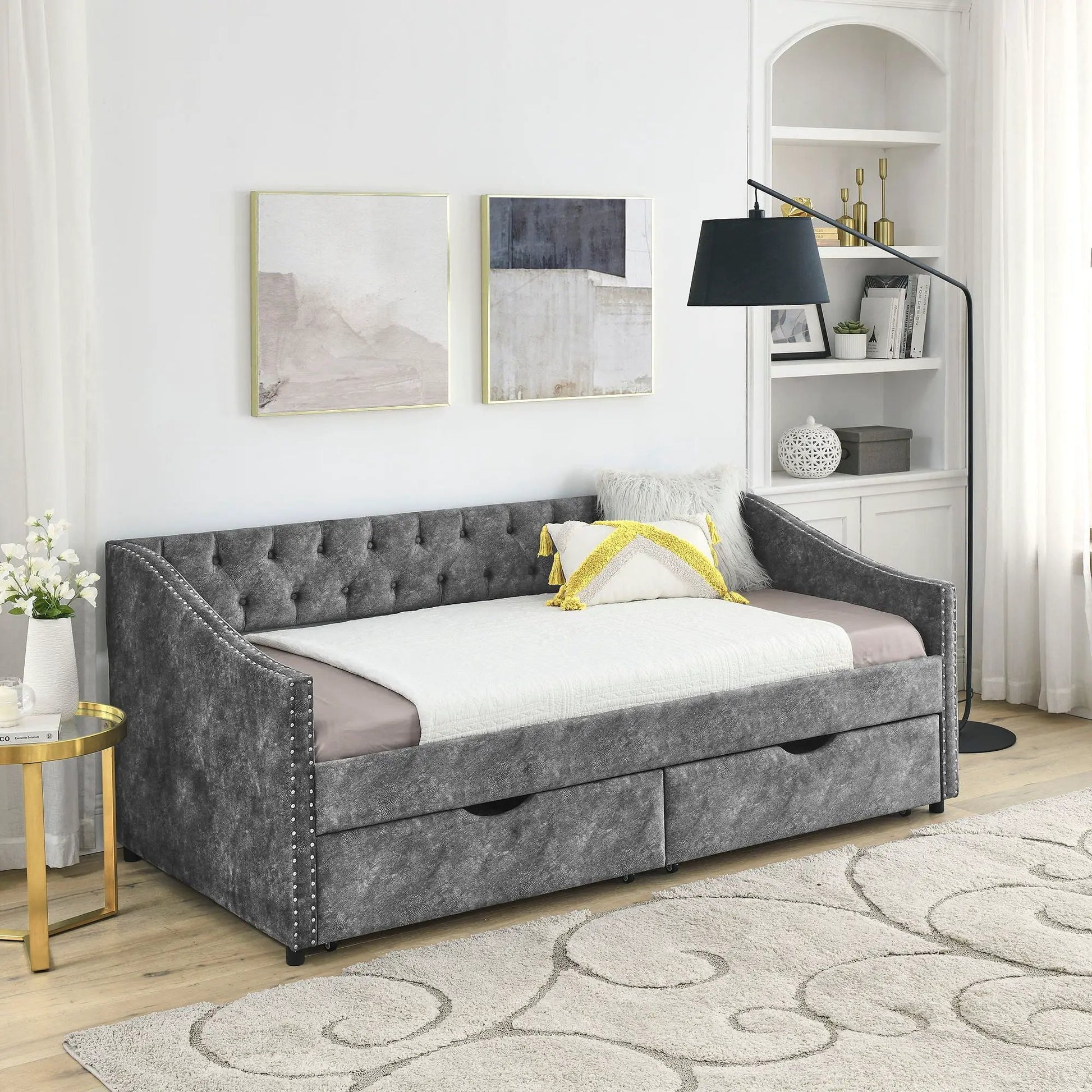 Upholstered tufted storage daybed with 2 drawers in gray fabric, waved arms on Tampa Home & Garden Store