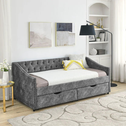 Upholstered tufted storage daybed with 2 drawers in gray fabric, waved arms on Tampa Home & Garden Store