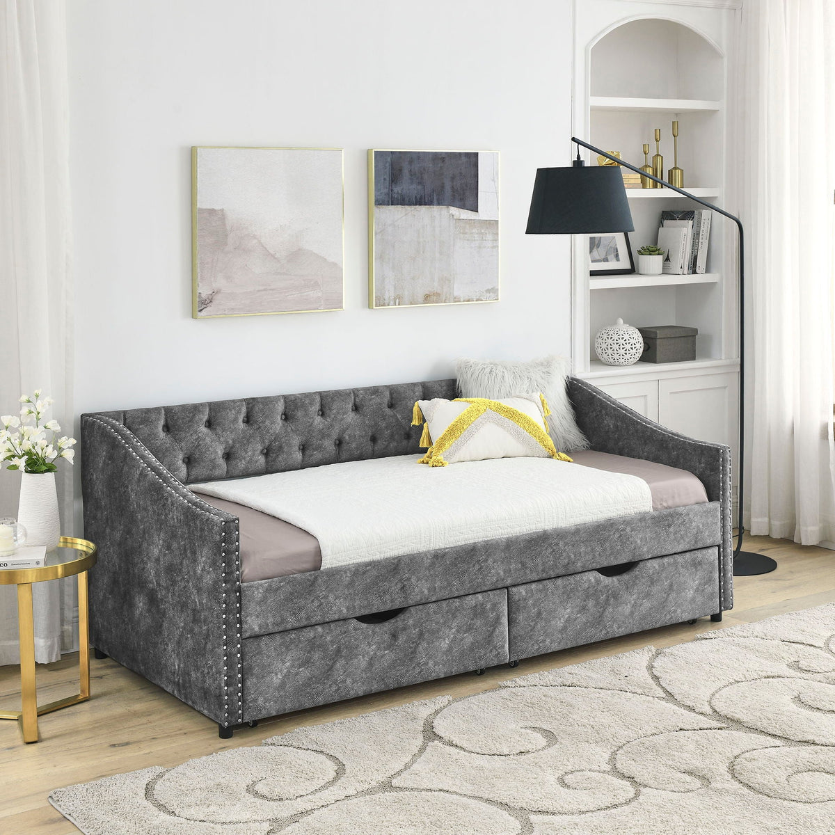 Upholstered Tufted Daybed with Storage Drawers