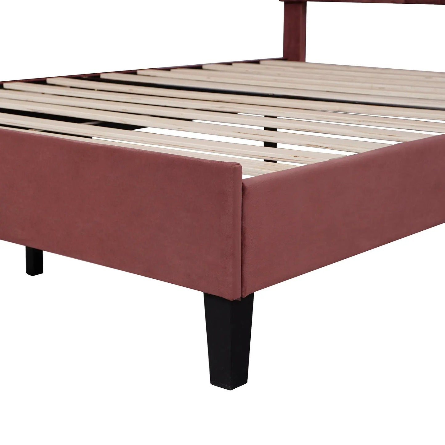 Upholstered Platform Bed rust fabric with wooden slats and black legs on Tampa Home & Garden Store