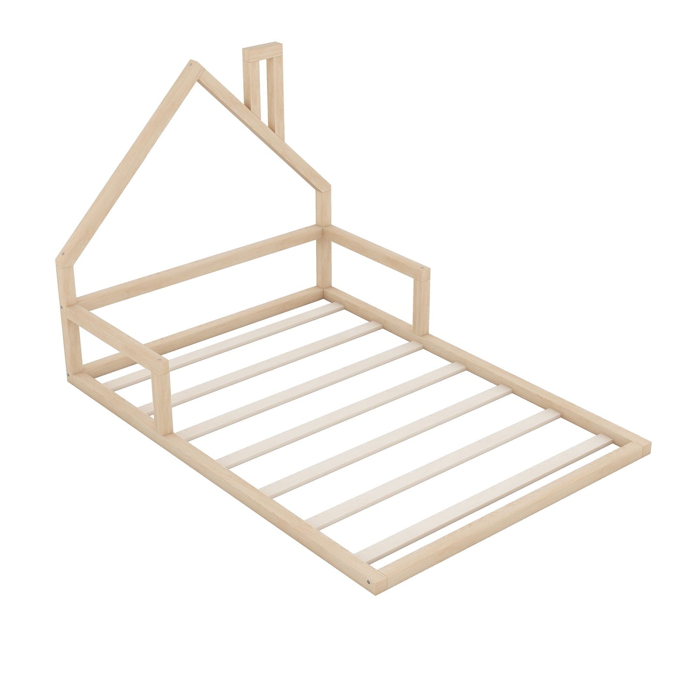 Elegant floor bed with house-shaped headboard in natural wood, platform bed by HouseOfZazla on Tampa Home & Garden Store