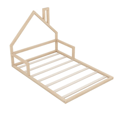 Elegant floor bed with house-shaped headboard in natural wood, platform bed by HouseOfZazla on Tampa Home & Garden Store