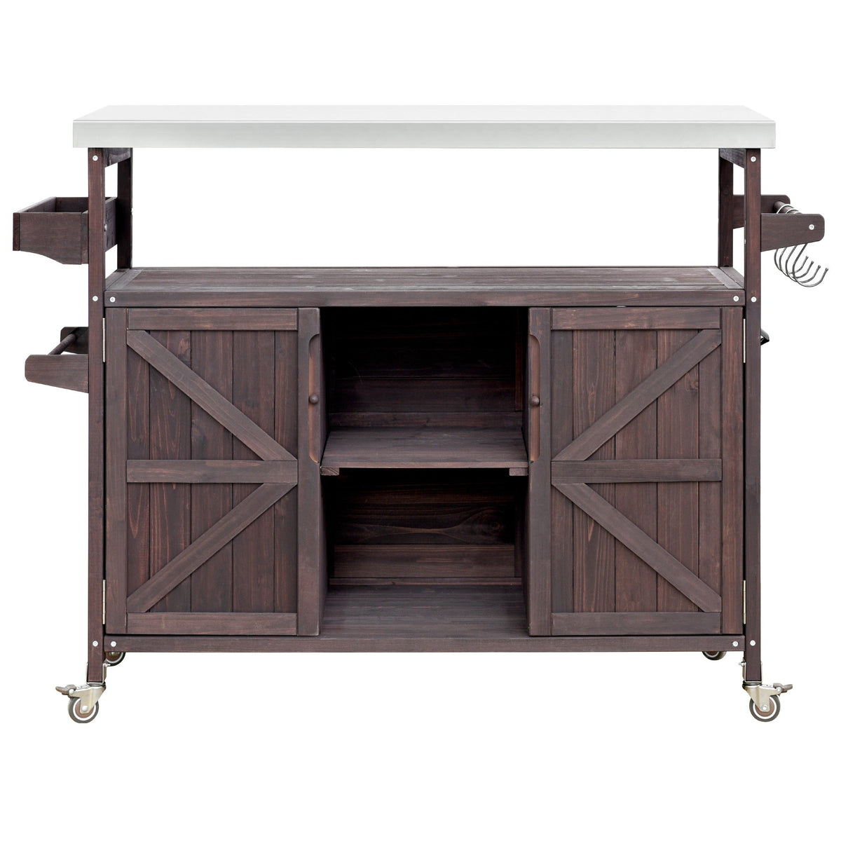 K&K Outdoor Kitchen Island rolling bar cart with dark wood frame and stainless top HouseOfZazla on Tampa Home & Garden Store