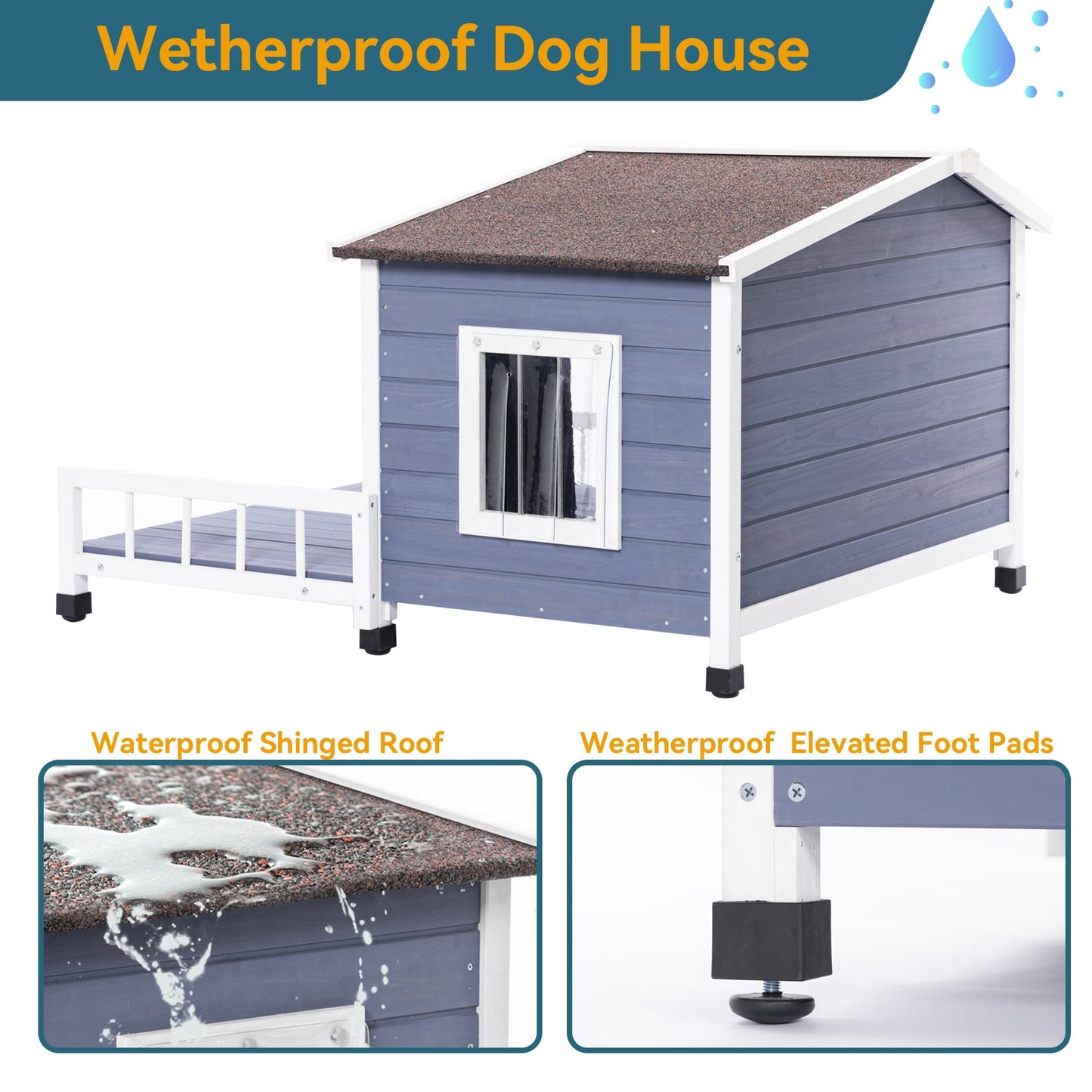 Large Wooden Dog House with Terrace by HouseOfZazla blue siding white trim shingled roof on Tampa Home & Garden Store