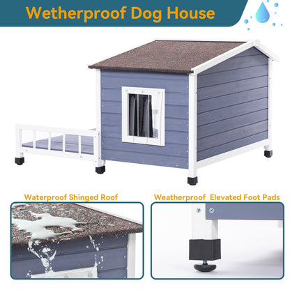 Large Wooden Dog House with Terrace by HouseOfZazla blue siding white trim shingled roof on Tampa Home & Garden Store