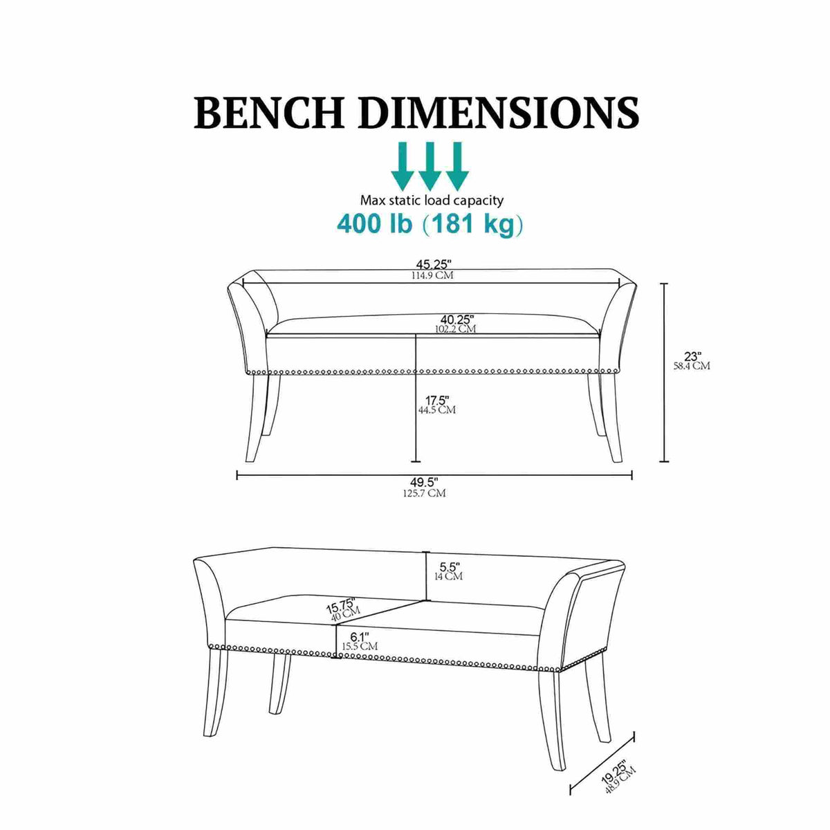 Welburn Upholstered Bench with Low Back and Flared Arms, dimensioned line drawing on Tampa Home & Garden Store
