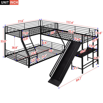 L-Shaped Twin-Over-Full Bunk Bed with Twin Loft, Desk & Slide, Black HouseOfZazla on Tampa Home & Garden Store