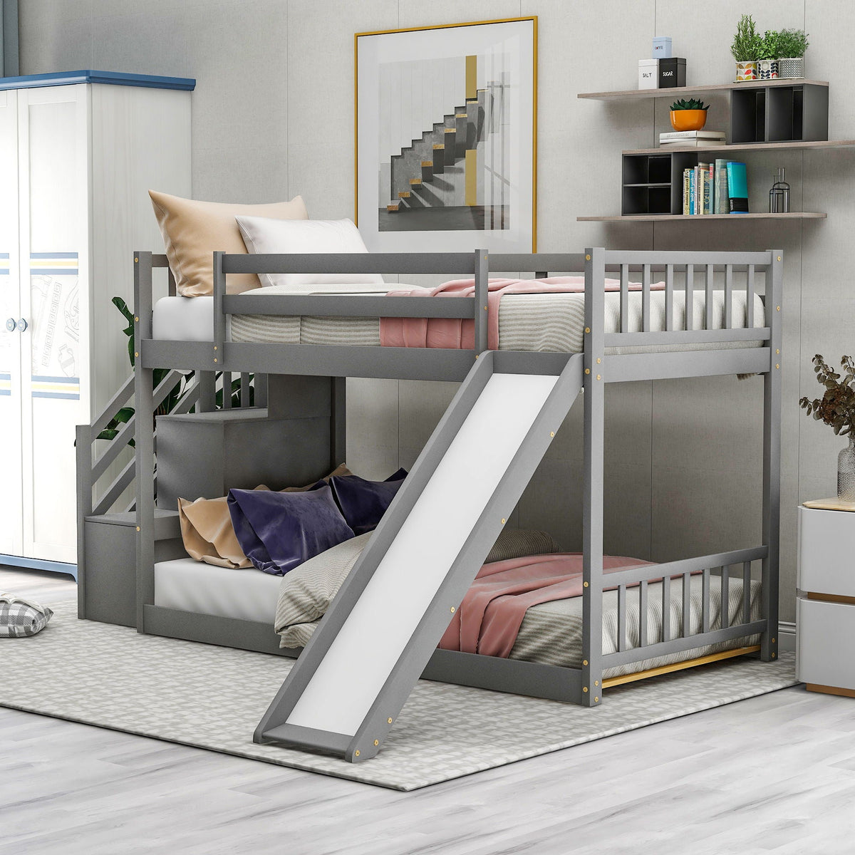 Bunk Bed With Convertible Slide And Stairway by HouseOfZazla gray wood frame on Tampa Home & Garden Store