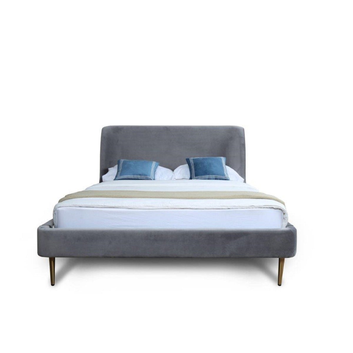 Heather upholstered bed with curved headboard, grey velvet, tapered brass legs HouseOfZazla on Tampa Home & Garden Store