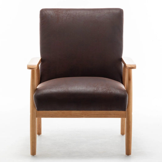 Wide Classic Mid-Century Modern Arm Chair with dark brown leather and light wood frame on Tampa Home & Garden Store