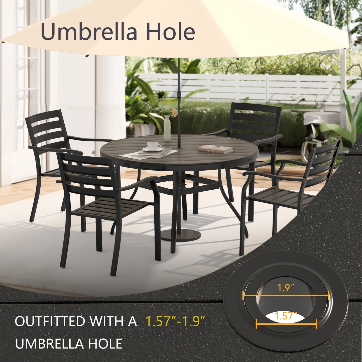 7 Piece Outdoor Patio Dining Set with black metal chairs and beige umbrella on Tampa Home & Garden Store