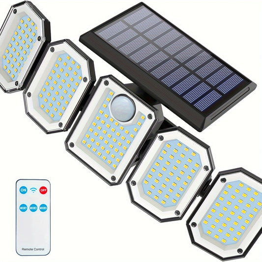 Solar Motion Sensor Flood Light – 300 LED, 5-Head, 7000K, Remote, Outdoor Use - Tampa Home & Garden Store