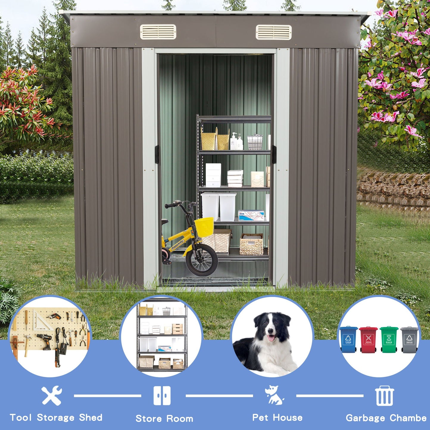 Galvanized Steel Outdoor Storage Shed and Padlock