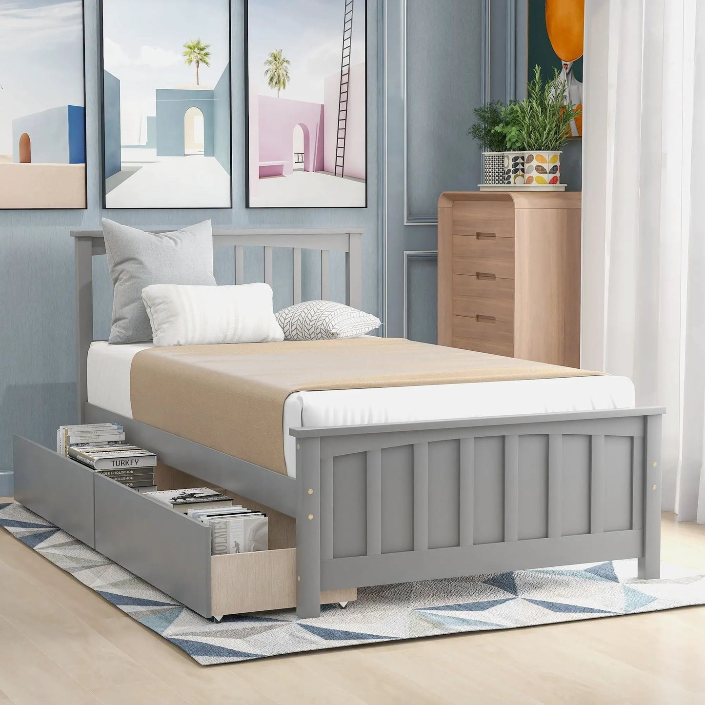 Platform Bed with Two Drawers Built from Pine