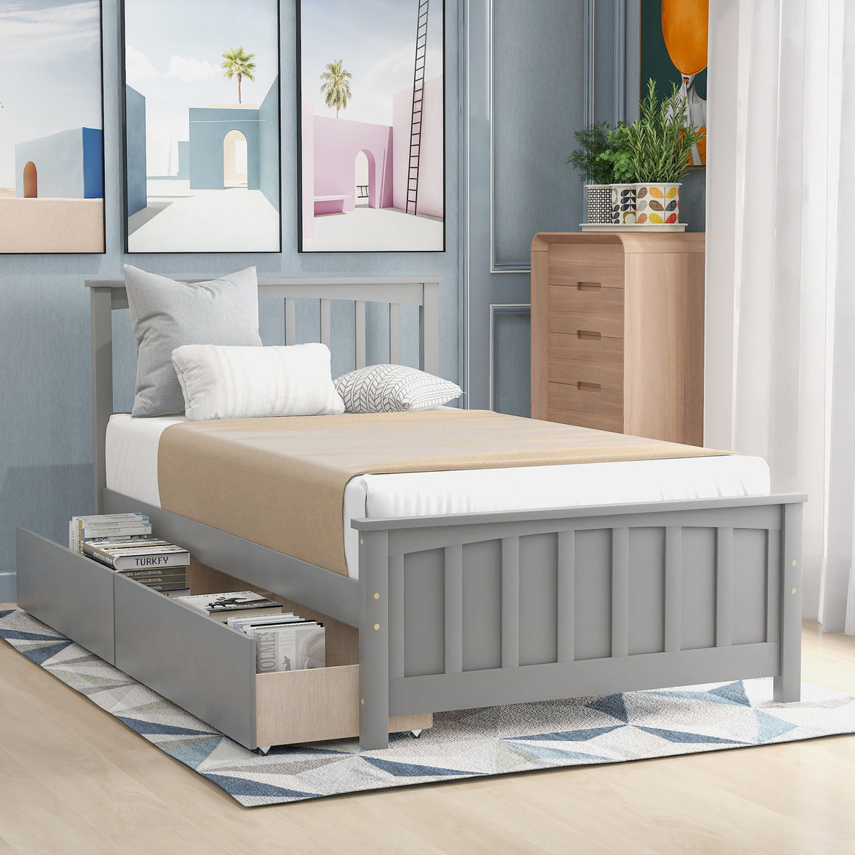 Solid Wood Platform Bed and Two Storage Drawers