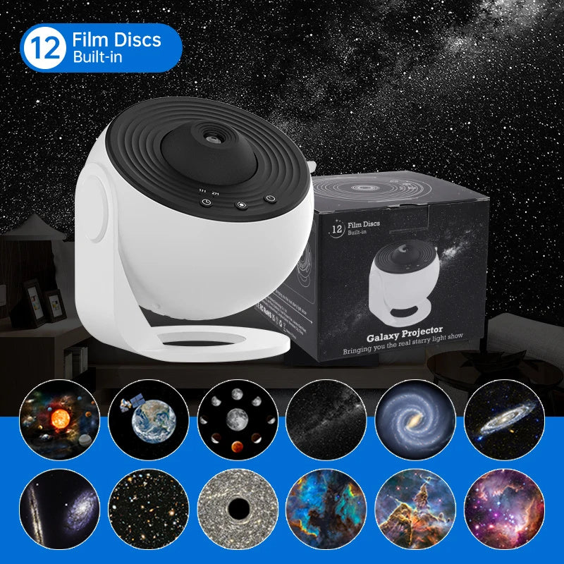 Night Light Galaxy Projector by My Store white sphere with black top and 12 built-in discs on Tampa Home & Garden Store