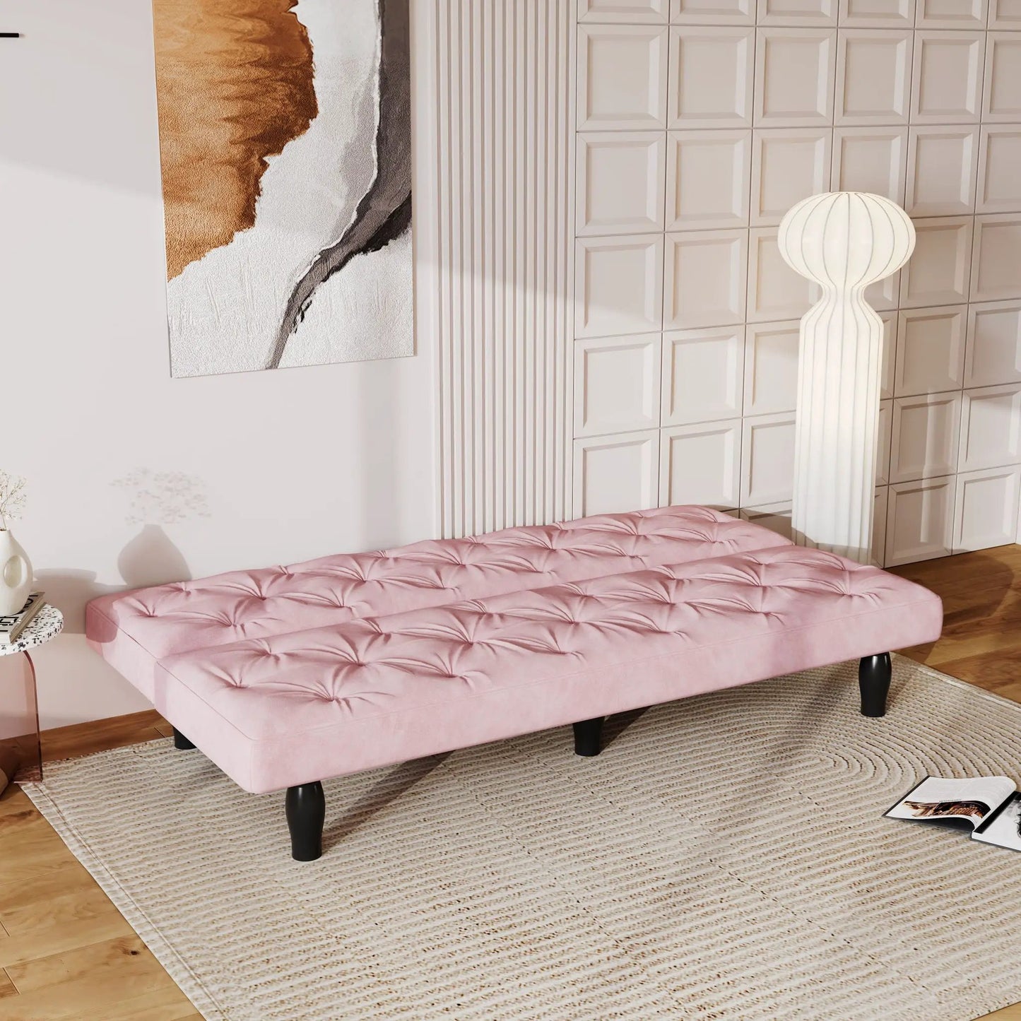 Sofa Bed With Adjustable Backrest pink tufted futon in a modern bedroom setting on Tampa Home & Garden Store