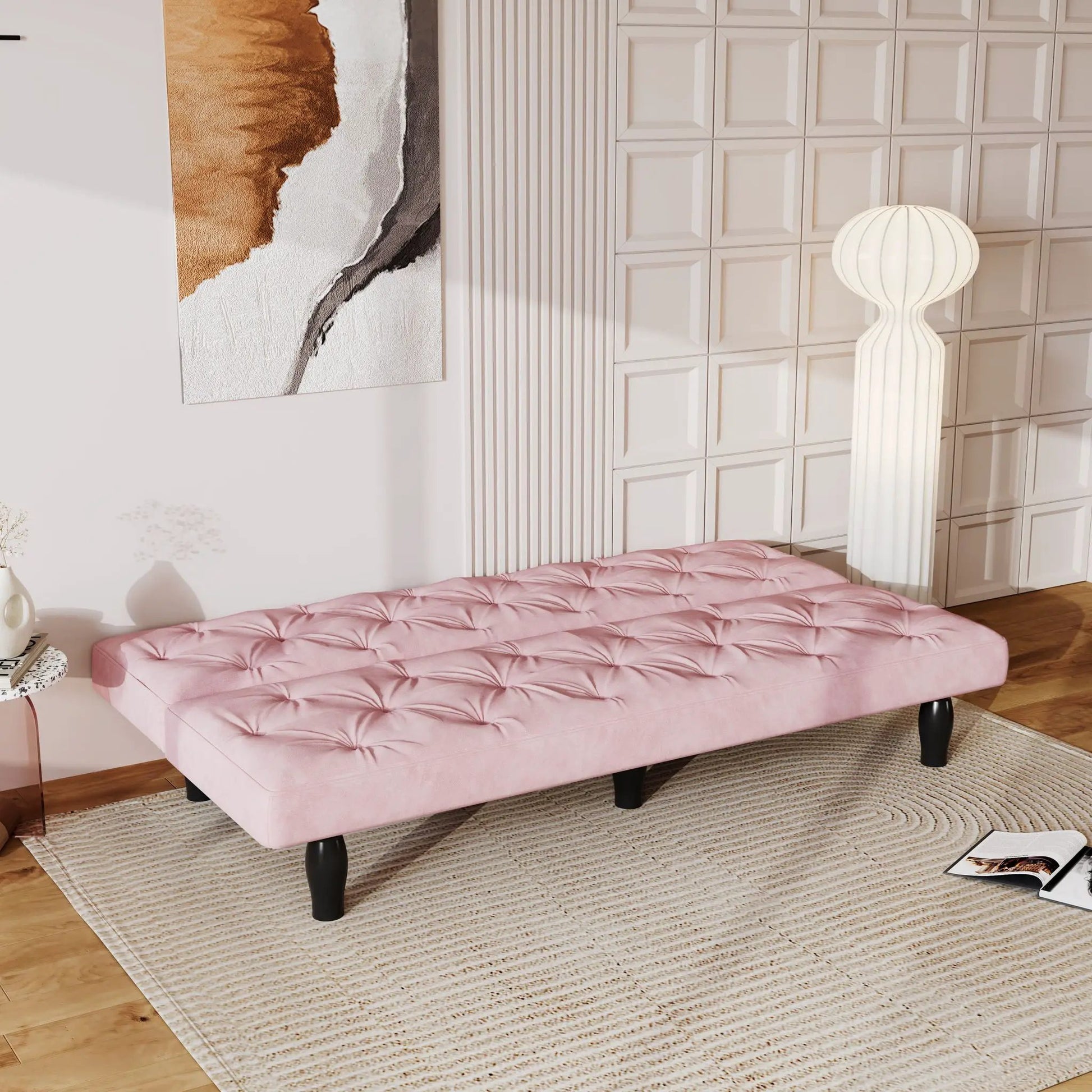 Sofa Bed With Adjustable Backrest pink tufted futon in a modern bedroom setting on Tampa Home & Garden Store