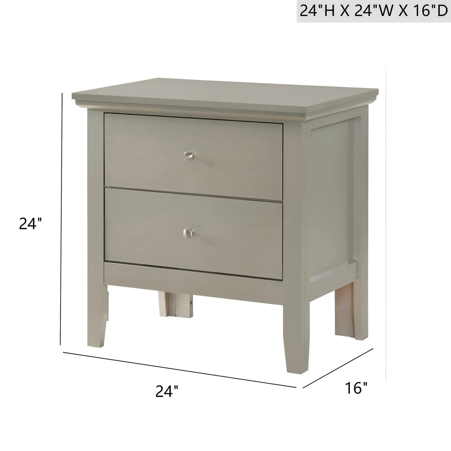 English Dovetailed Drawers Nightstand, light gray finish, two drawers, silver knobs 24H x 24W x 16D on Tampa Home & Garden Store