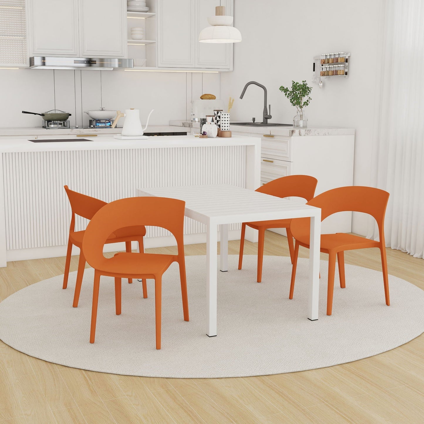 4-Piece modern chair set with long table orange chairs around white table HouseOfZazla on Tampa Home & Garden Store