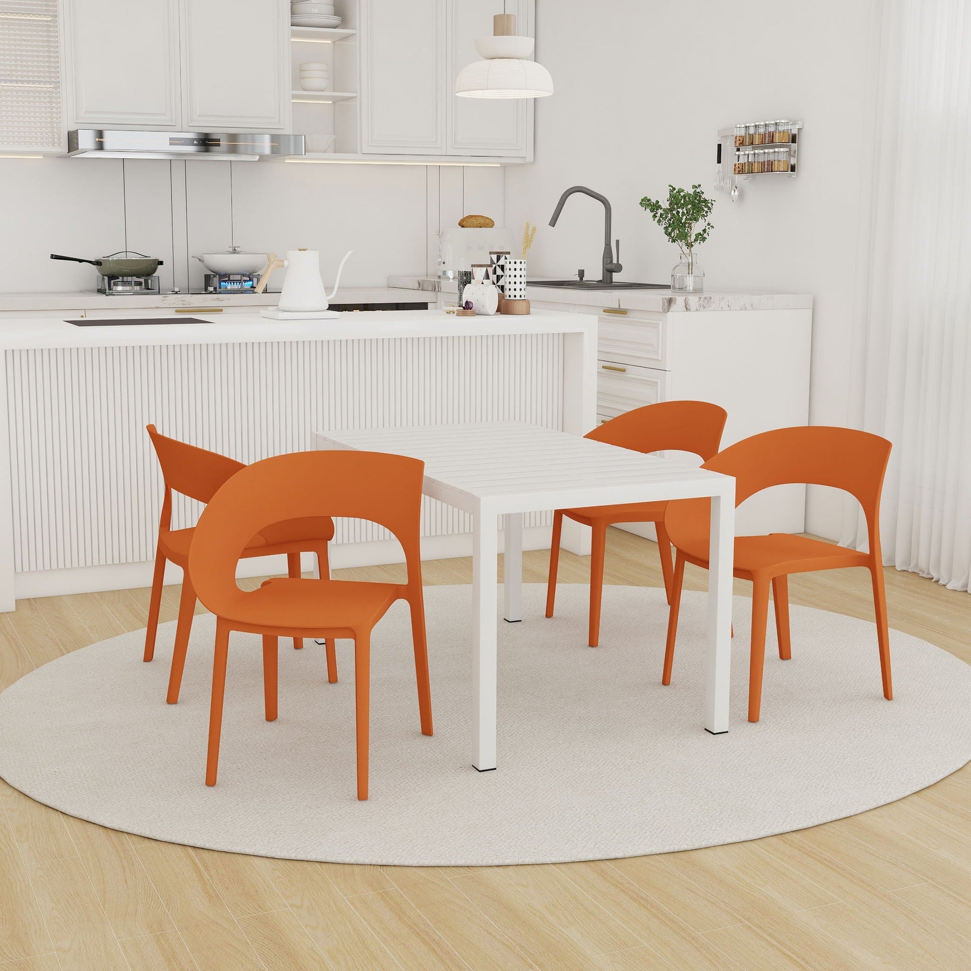4-Piece modern chair set with long table orange chairs around white table HouseOfZazla on Tampa Home & Garden Store