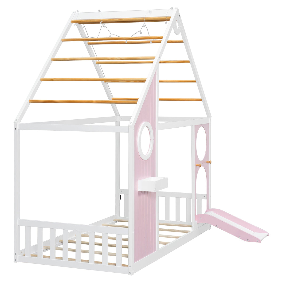 Twin House Bed with Slide playhouse pink bed frame with white structure HouseOfZazla on Tampa Home & Garden Store