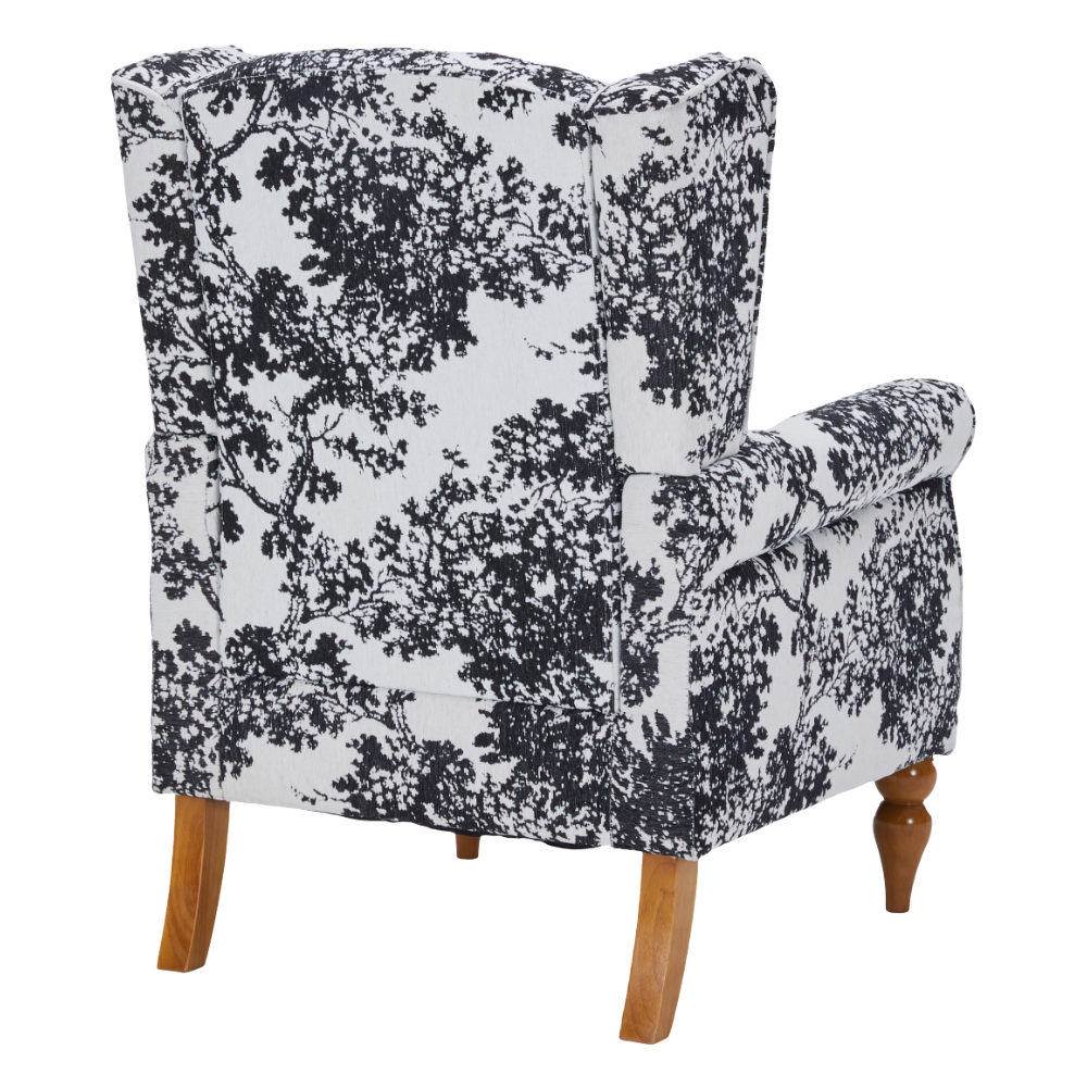 HouseOfZazla accent chair with black and white toile fabric upholstery and wooden legs on Tampa Home & Garden Store