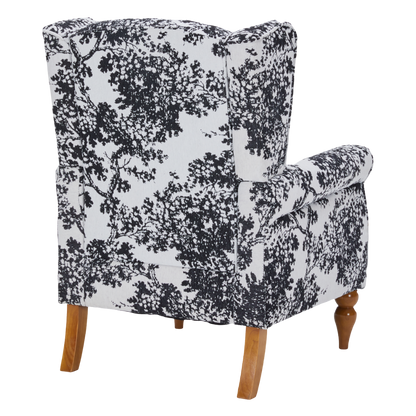 HouseOfZazla accent chair with black and white toile fabric upholstery and wooden legs on Tampa Home & Garden Store