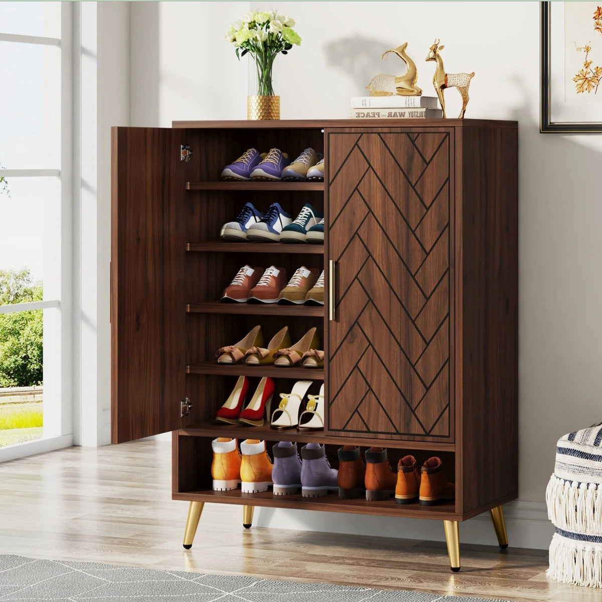 6-Tier Walnut Wood Shoe Cabinet with Adjustable Shelves HouseOfZazla on Tampa Home & Garden Store