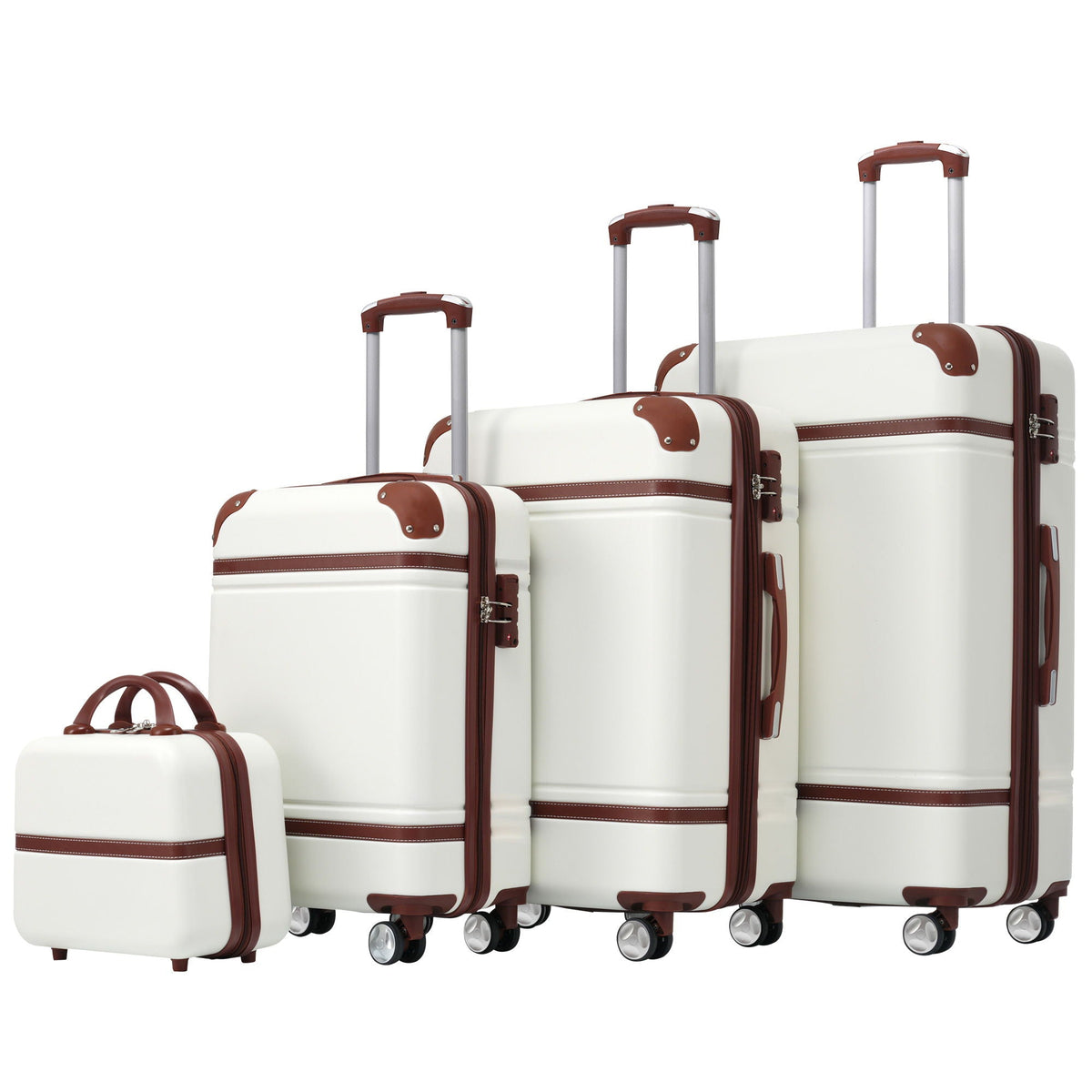 Hardshell 4-piece luggage set in white with brown leather trim, 20/24/28in suitcases, wheels on Tampa Home & Garden Store