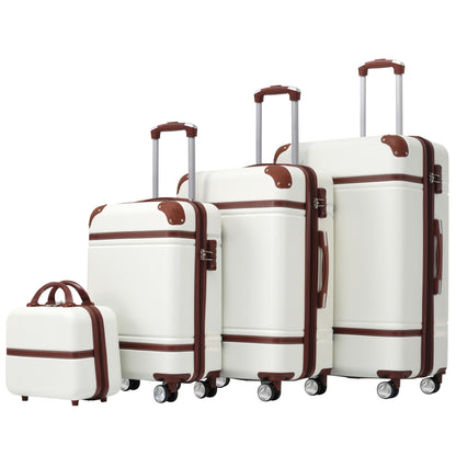 Hardshell 4-piece luggage set in white with brown leather trim, 20/24/28in suitcases, wheels on Tampa Home & Garden Store
