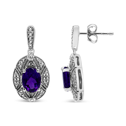 Pair of 8x6mm purple oval amethyst drop earrings with diamond accents in 925 sterling silver on Tampa Home & Garden Store