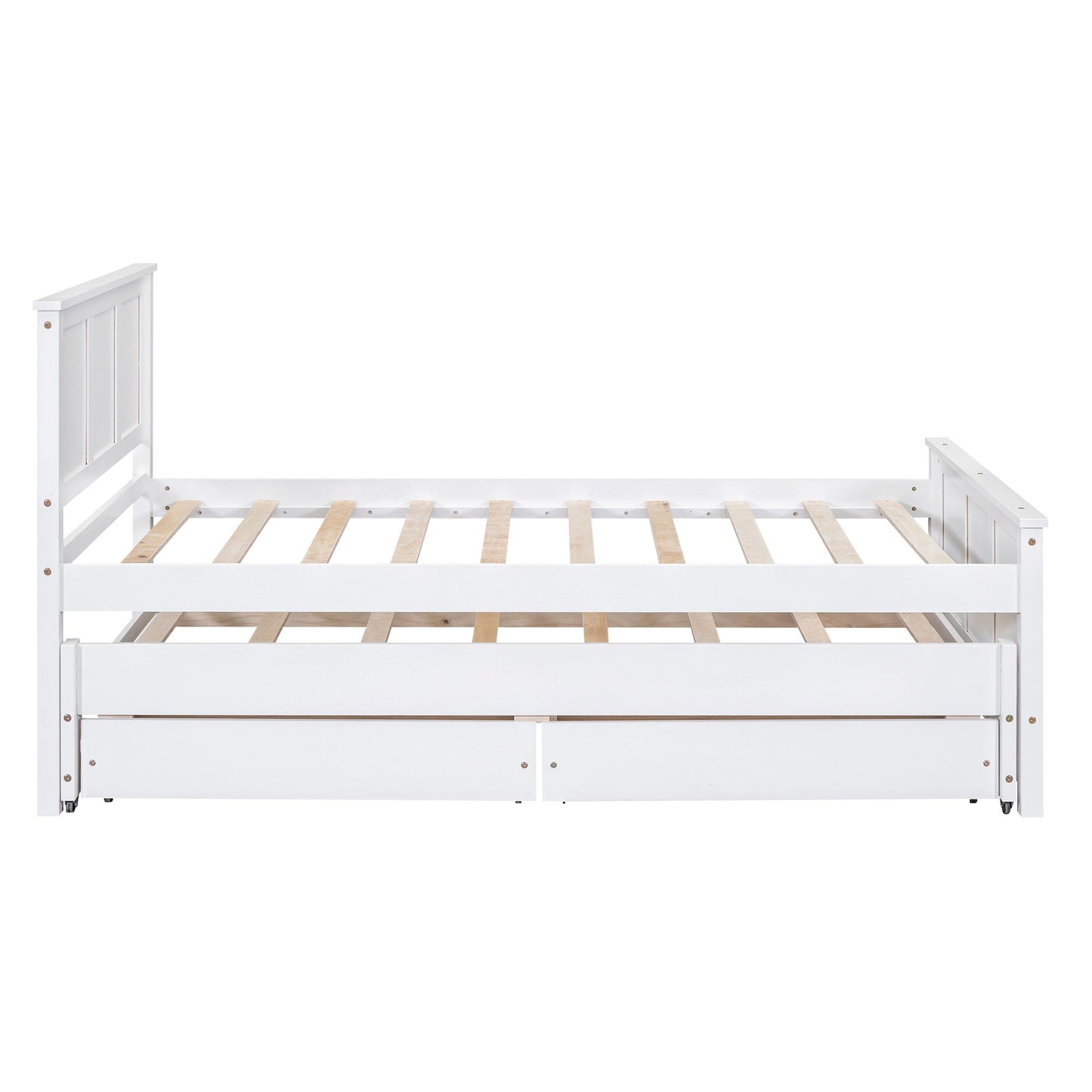 Platform bed with trundle and drawers in white wood; slatted base and paneled headboard on Tampa Home & Garden Store