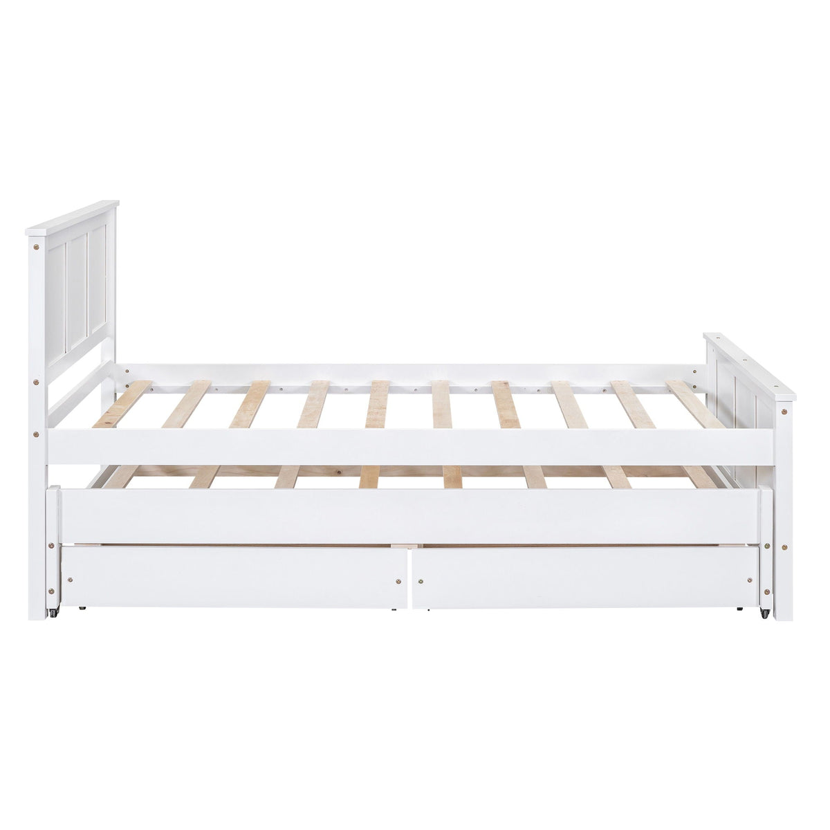 Platform bed with trundle and drawers in white wood; slatted base and paneled headboard on Tampa Home & Garden Store