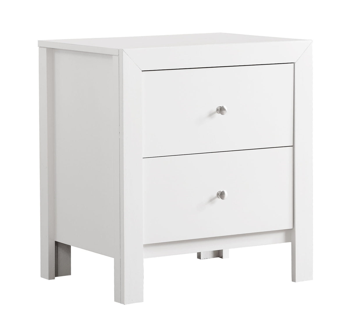 White wood accent nightstand with two drawers and round silver knobs on Tampa Home & Garden Store