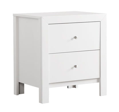 White wood accent nightstand with two drawers and round silver knobs on Tampa Home & Garden Store